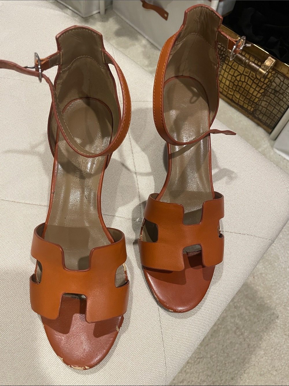 Women's Cognac Leather Ankle-Strap Heeled Sandals
